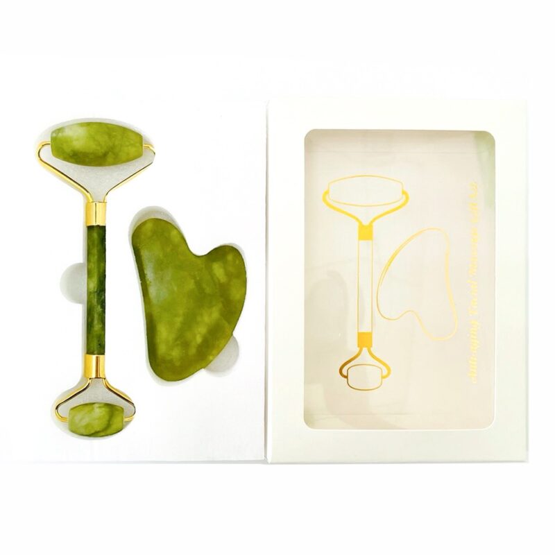 Jade Roller Natural Stone 2 Piece Set (Skin Massager for Face, Neck and Eye Treatment)