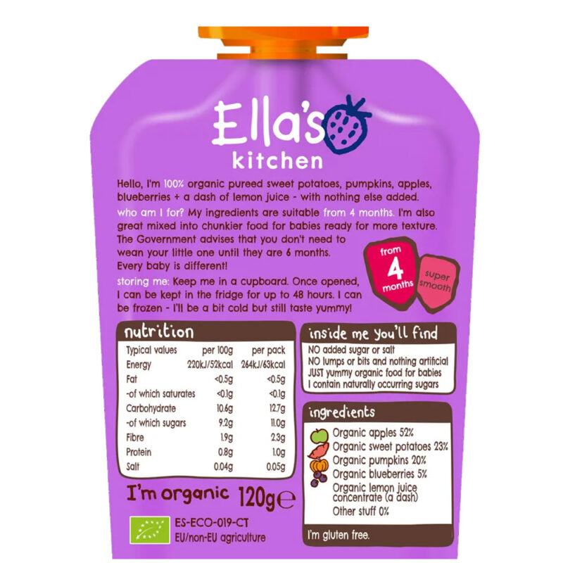 Ella's Kitchen Organic Sweet Potatoes, Pumpkin, Apples and Blueberries 120g (4 Months Onwards) - Image 2