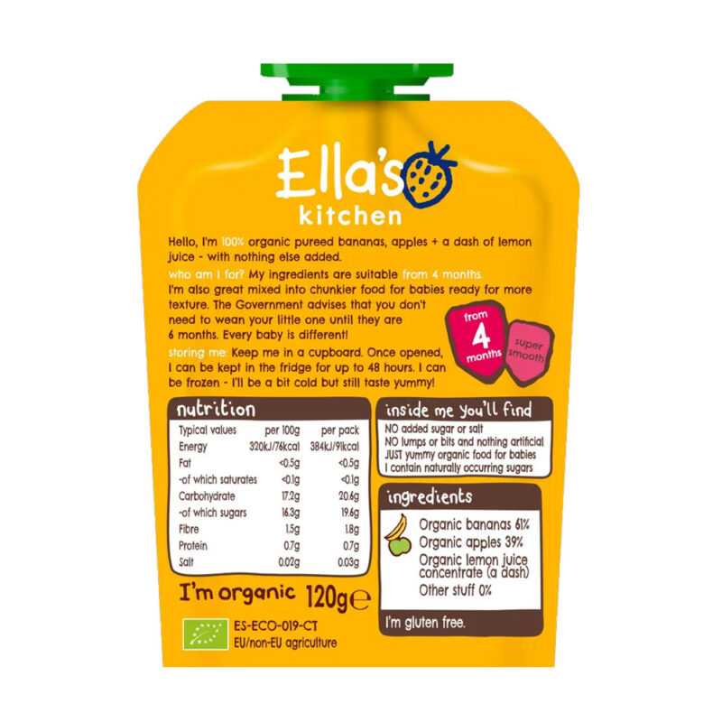 Ella's Kitchen Organic Bananas & Apples Baby Pouch 4+ Months 120g (4Months Onwards) - Image 2