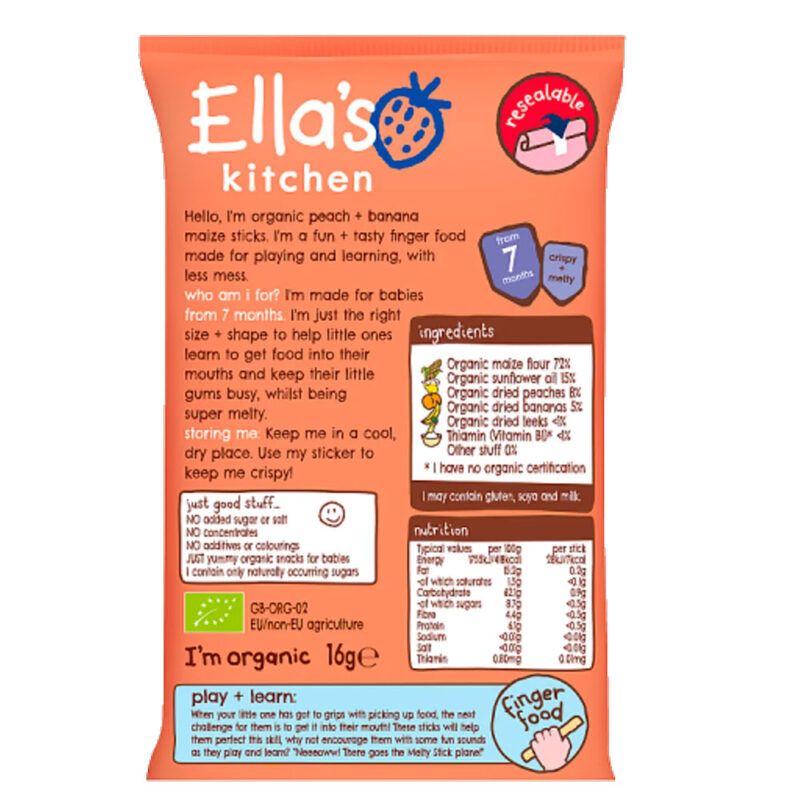 Ella’s Kitchen Peach and Banana Melty Sticks 16g (7 Months Onwards) - Image 2