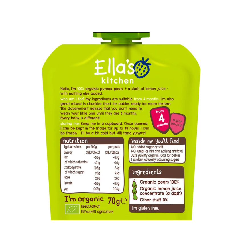 Ella’s Kitchen Organic Pears First Tastes Baby Pouch 70g (4 Months Onwards) - Image 2