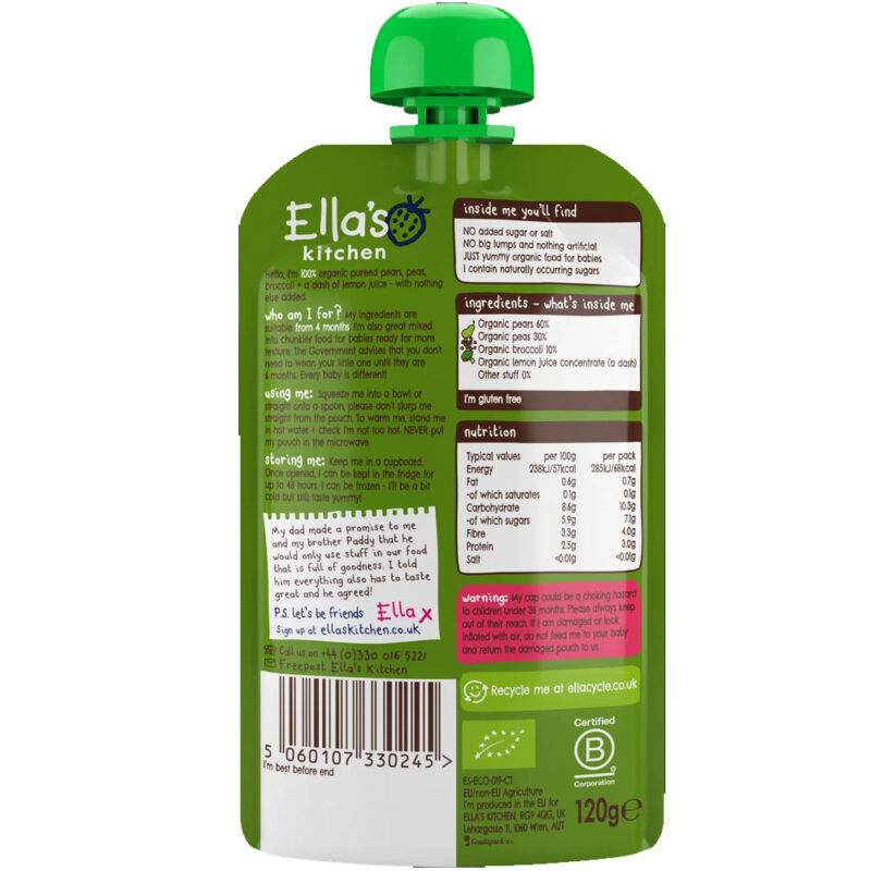 Ella’s Kitchen Organic Pears, Peas & Broccoli Baby Pouch 4+ Months 120g (4Months Onwards) - Image 2