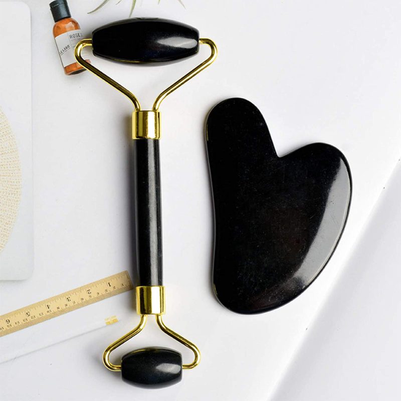Jade Roller Natural Black Stone 2 Piece Set (Skin Massager for Face, Neck and Eye Treatment) - Image 2