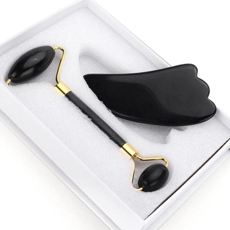 Jade Roller Natural Black Stone 2 Piece Set (Skin Massager for Face, Neck and Eye Treatment)