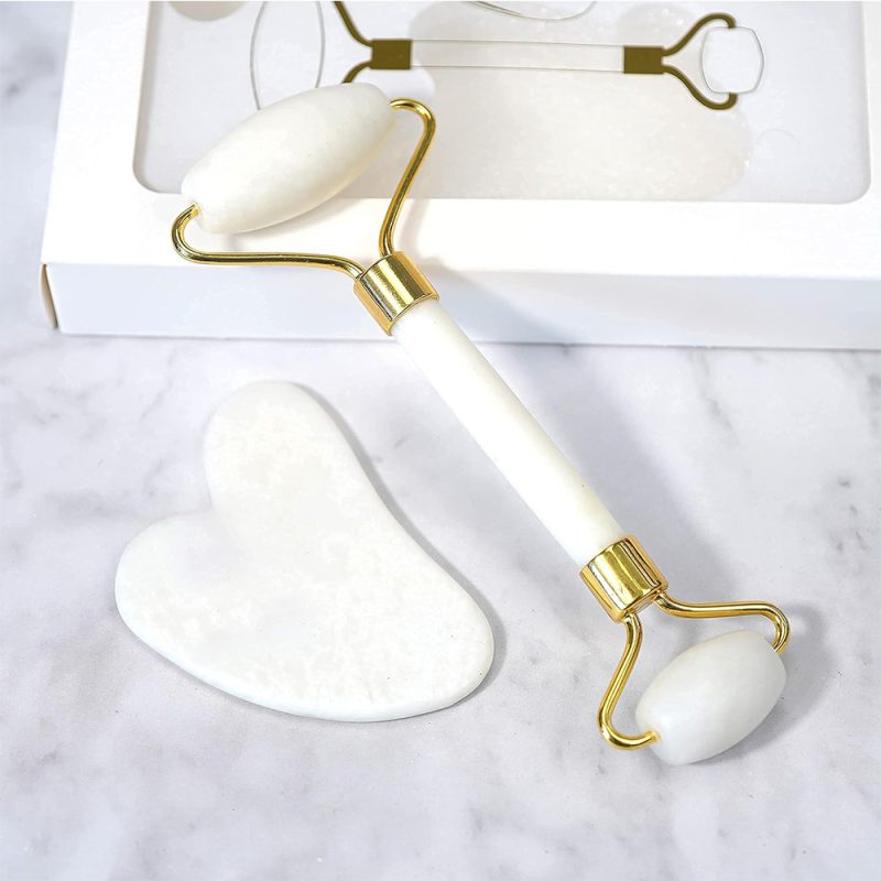 Jade Roller Natural White Stone 2 Piece Set (Skin Massager for Face, Neck and Eye Treatment)