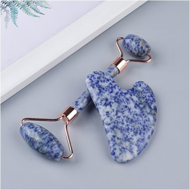 Jade Roller Natural Jasper Blue Stone 2 Piece Set (Skin Massager for Face, Neck and Eye Treatment)