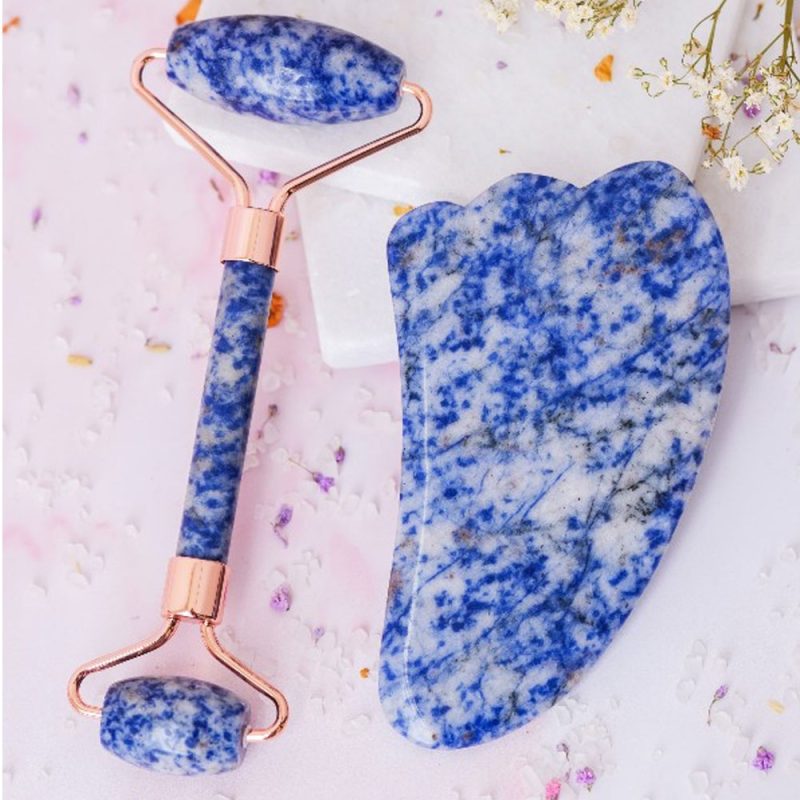 Jade Roller Natural Jasper Blue Stone 2 Piece Set (Skin Massager for Face, Neck and Eye Treatment) - Image 2